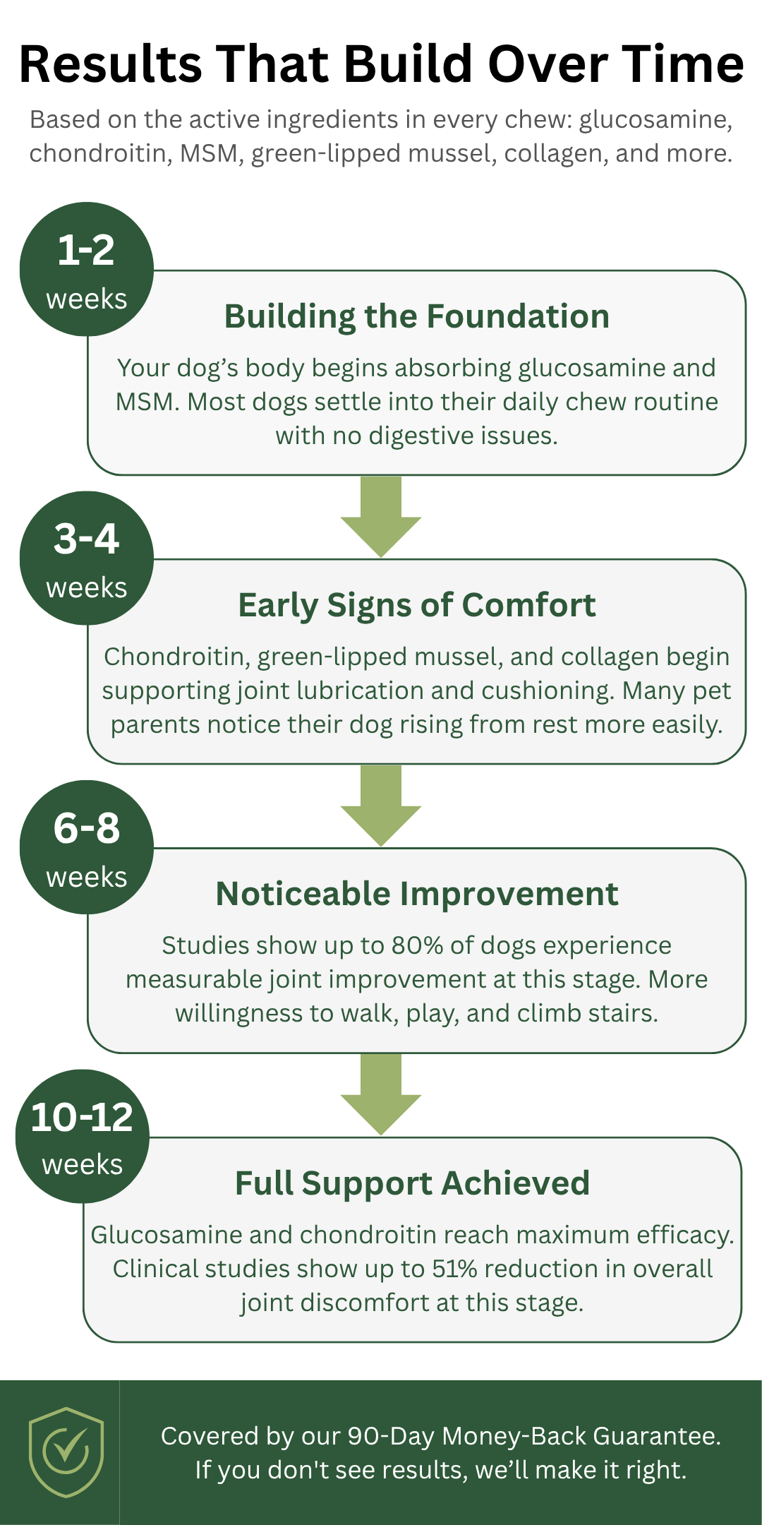 Progression chart detailing the benefits of Crunchy.Pet Hip & Join Support over time with green and white background.
