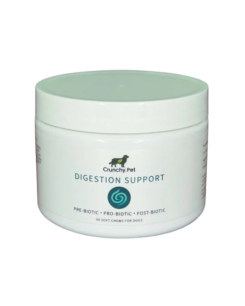 A jar of Crunchy.Pet Digestion Support on a white background