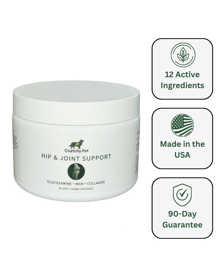 Jar of Crunchy.Pet Hip & Joint Support with product details on a white background