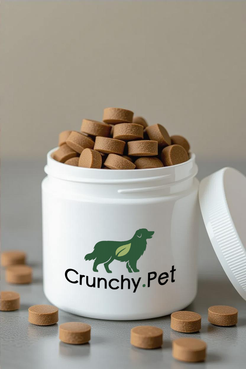 White jar with Crunchy.Pet logo filled with chews