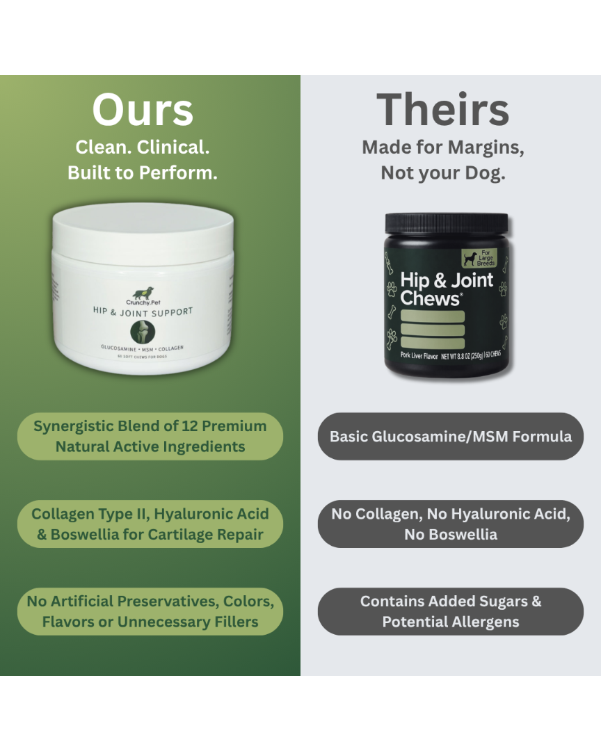 Comparison of 'Ours' and 'Theirs' pet supplement products on a green and gray background.